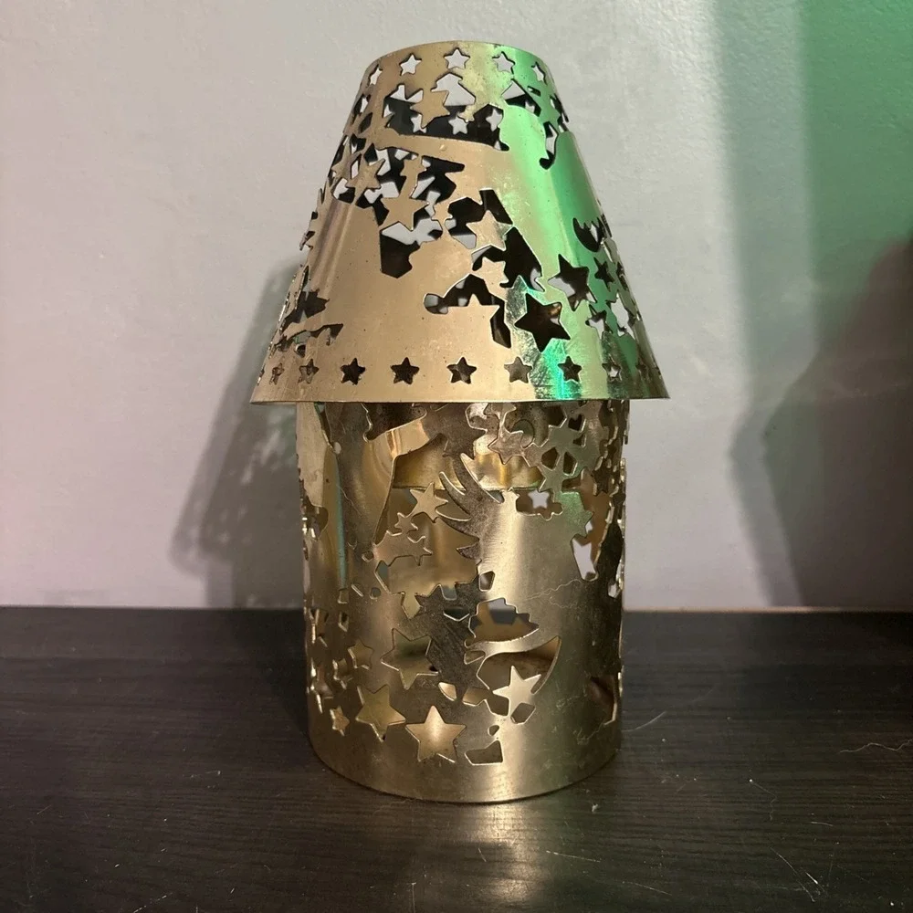 Vintage Brass Punched Ton Candle Holder And Shade With Night Stars Angel